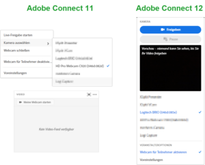 Beispiel: Änderung des Webcam-Menüs von Version 11 auf Version 12 von Adobe Connect